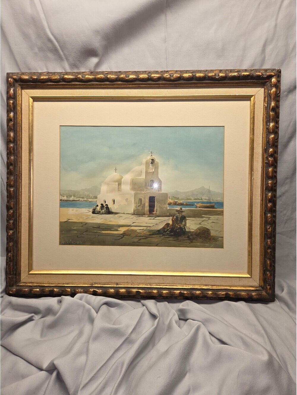 Framed Vintage Watercolor Painting of Coastal Church Scene
